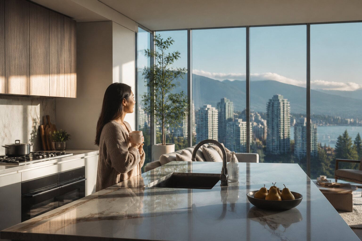 Professionally photographed kitchen with a city view